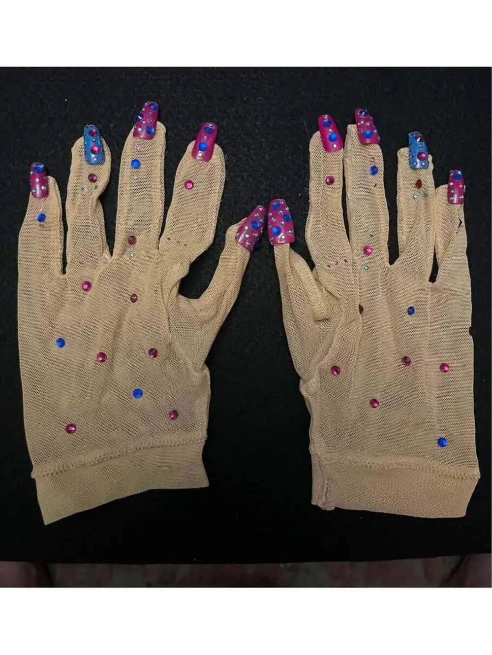 Rhinestone Mesh Gloves with Attached Nails